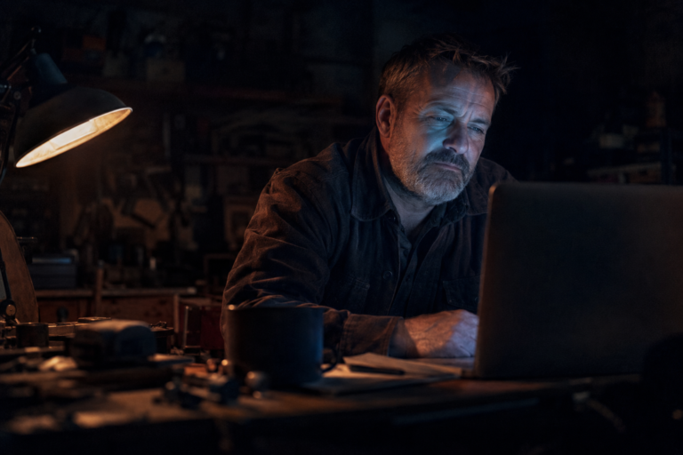 A business owner checking on a laptop at night what AI assistants say about his company