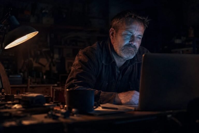 A business owner checking on a laptop at night what AI assistants say about his company