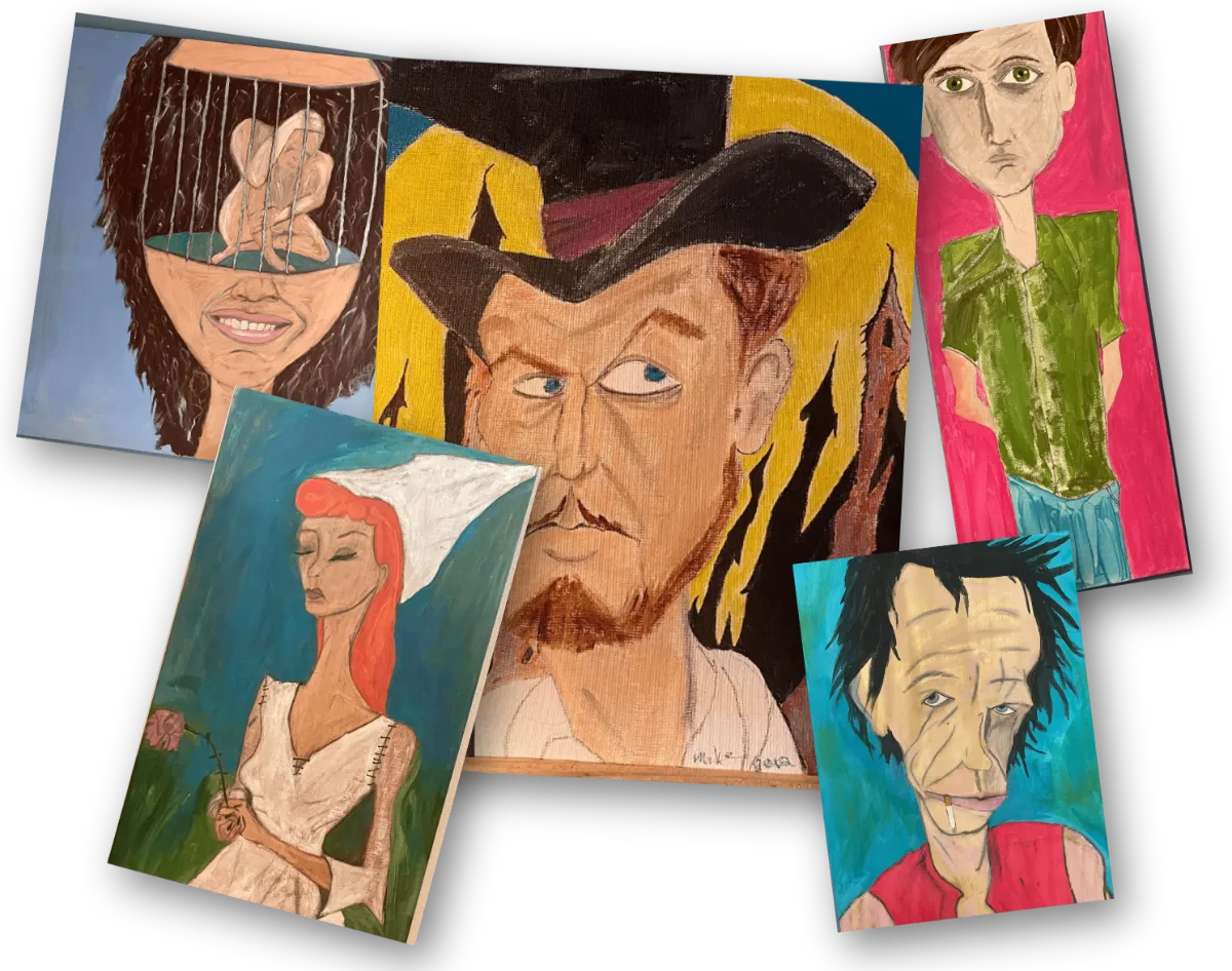 Five of J. Mike Oliver's paintings, overlapping