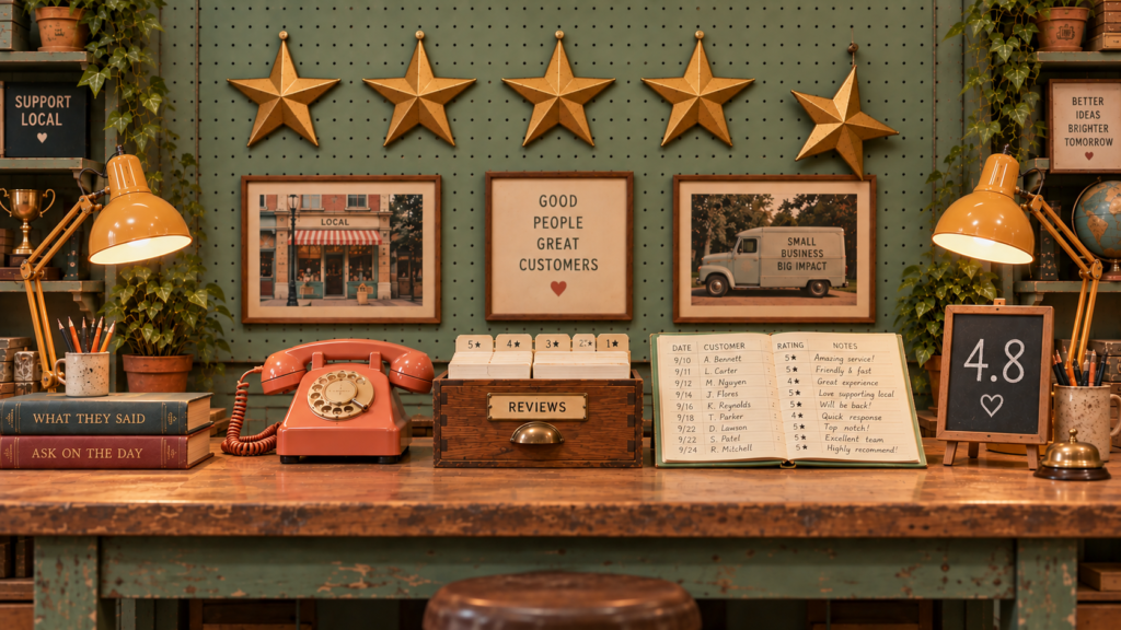 A shop counter with five brass stars on the wall behind, the last one slightly crooked