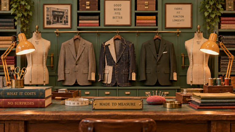 A tailor’s shop with three jackets on a rail, the middle one half finished with chalk marks