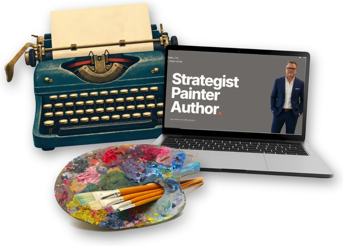 A typewriter, a laptop and a paint palette