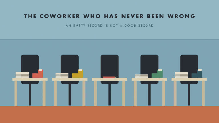 Five office desks in a row, four covered with work and the middle one bare except for a single pencil