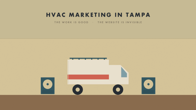 An illustrated HVAC service van centered between two air conditioning condenser units
