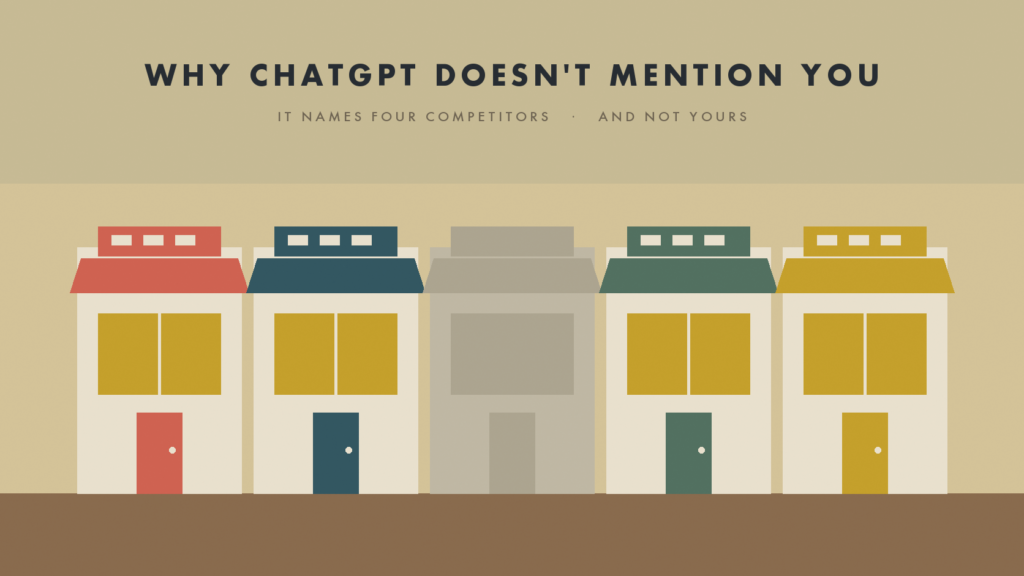 Five illustrated storefronts in a row, four lit and colored, the middle one gray with no sign